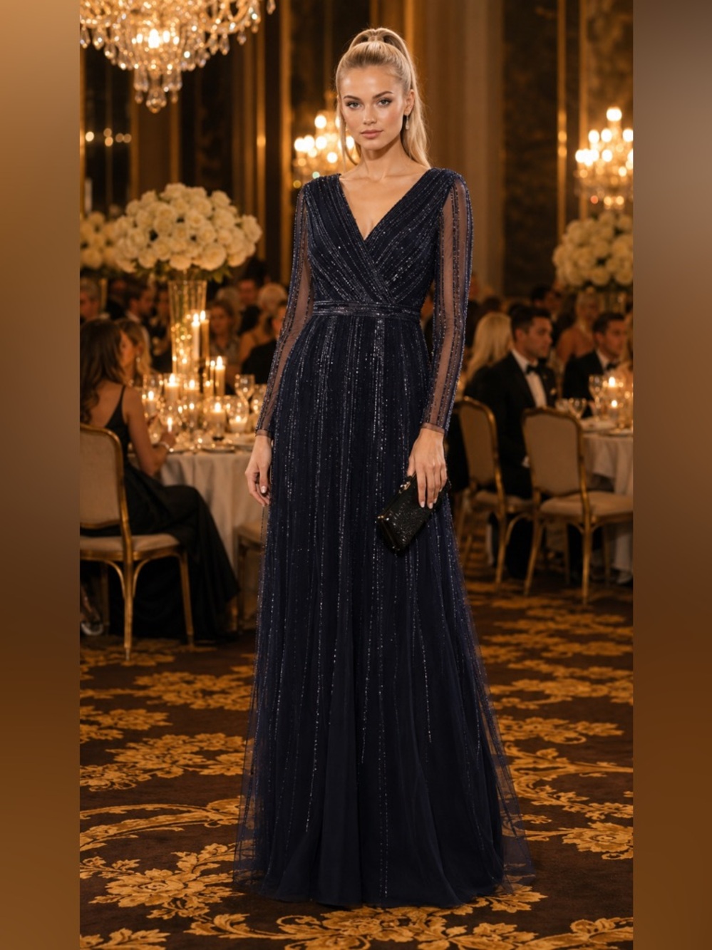 NWT Mac Duggal 9145 FAUX WRAP ILLUSION LONG SLEEVE GOWN